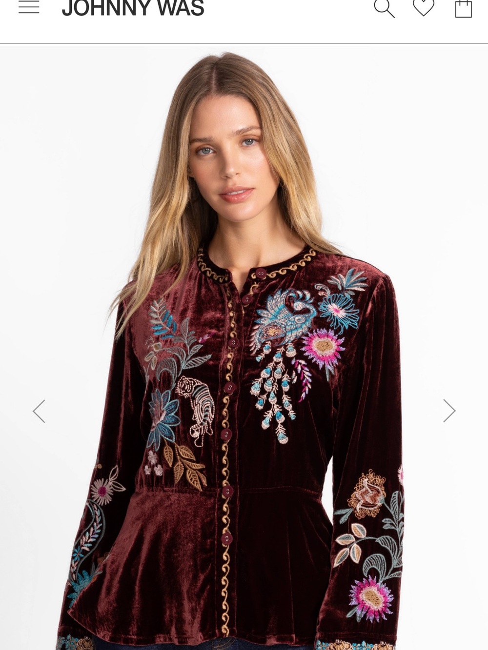 Johnny Was Edwin Velvet Puplum Jacket size XS wine color